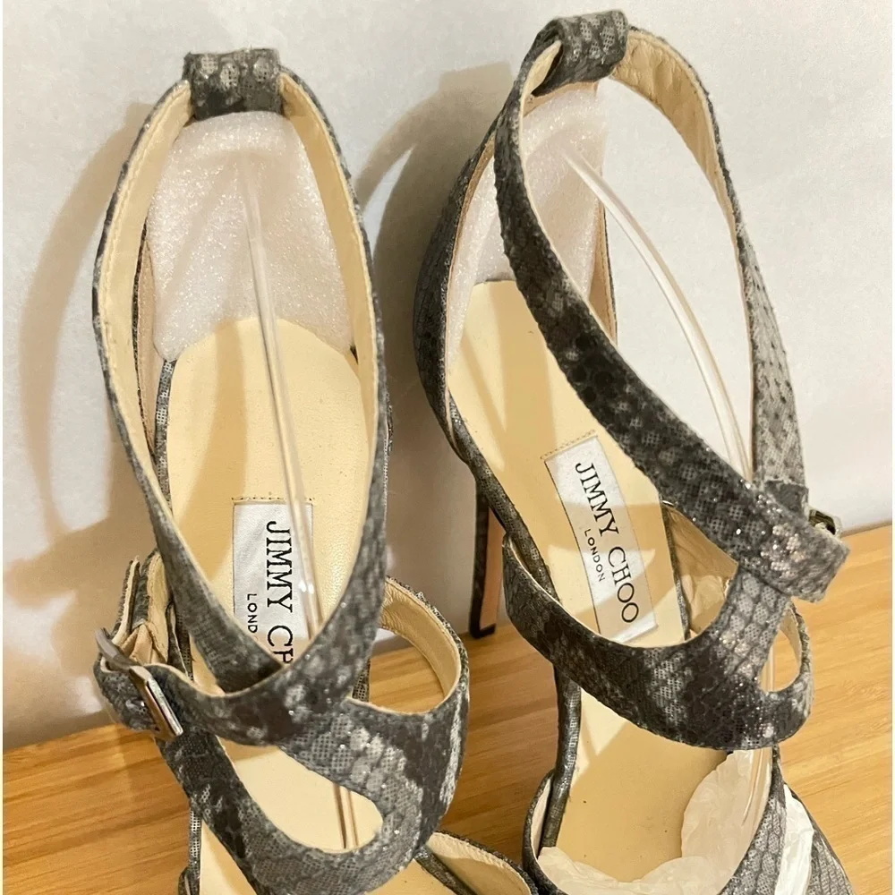 Jimmy Choo glitter animal print wrap around strappy ankle pump 38.5 120mm